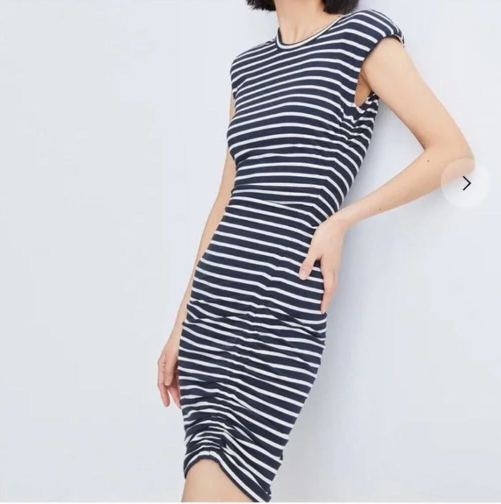 VERONICA BEARD Blue White Stripe Womens Brompton Ruched Stretch Midi Dress Large